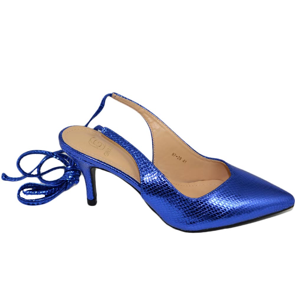 Scarpa tacco donna ecopelle lucida blu sandalo punta tallone scoperto allacciatura schiava caviglia lacci scollo v.