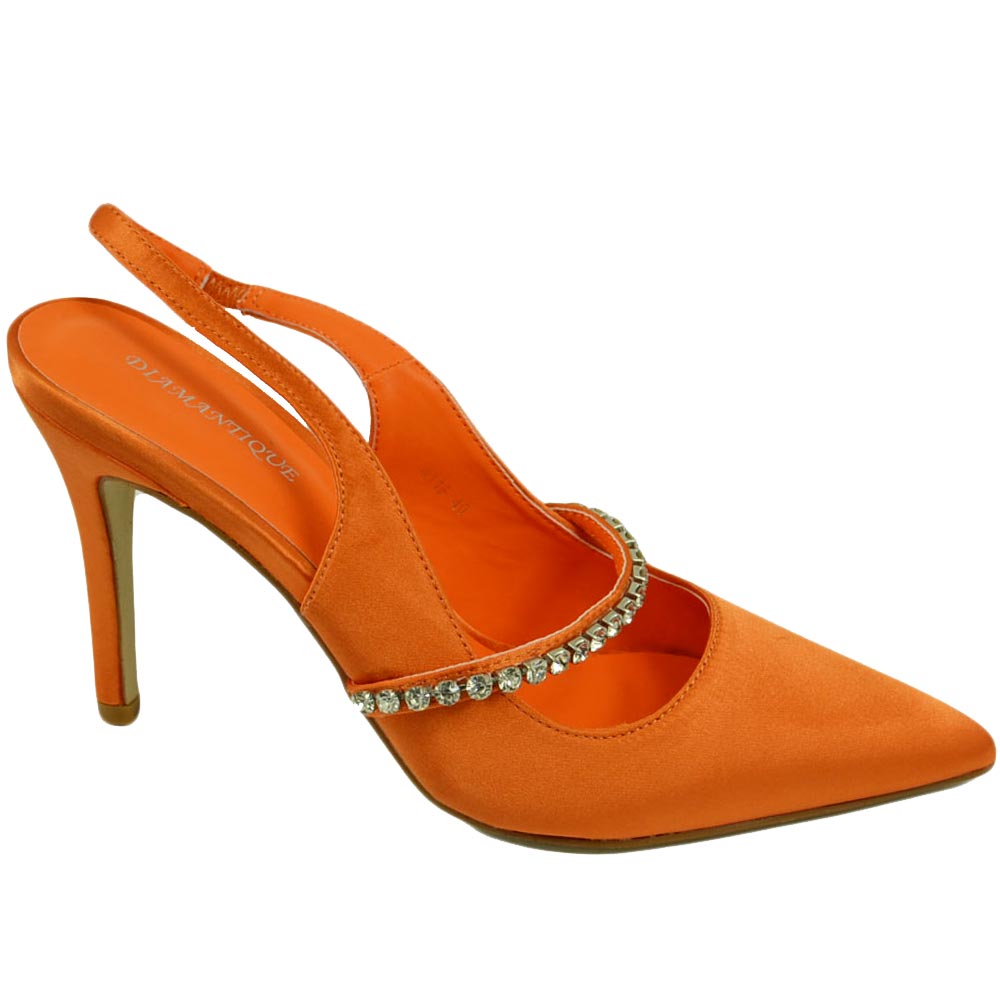 Scarpe decollete mules donna elegante punta in raso arancione tacco 10 cerimonia open toe dettaglio strass