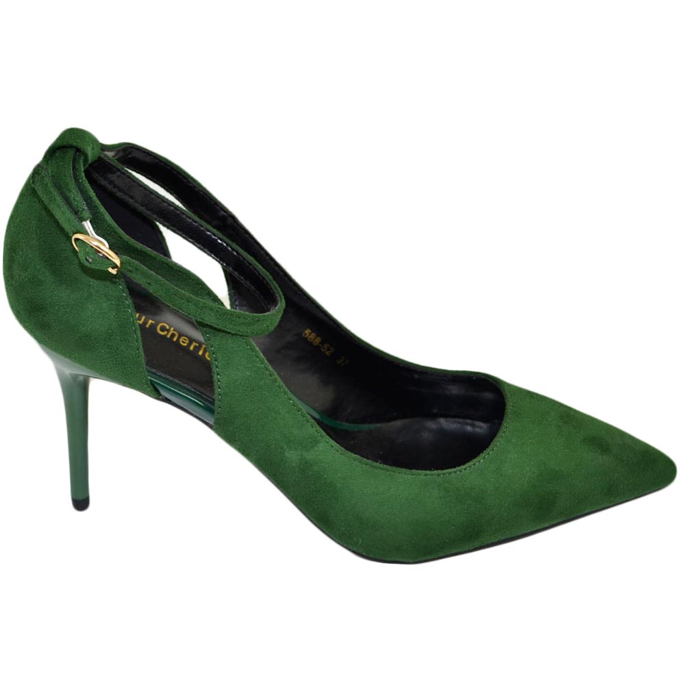 Scarpe donna decollete a punta elegante camoscio verde bosco tacco a spillo 10 cm aperture laterali moda cerimonia .