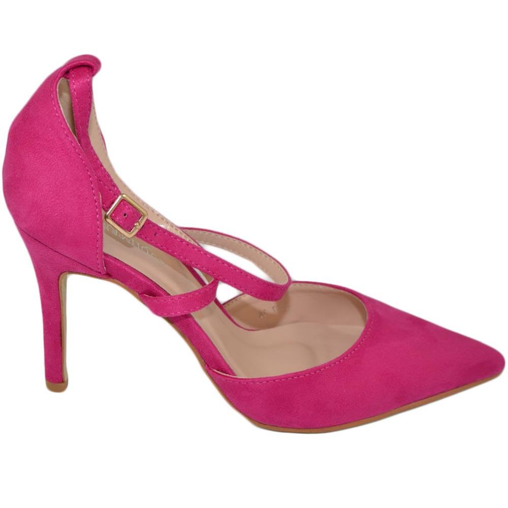 Scarpe donna decollete a punta elegante camoscio fucsia tacco a spillo 12 cm aperture laterali e cinturino incrociato.