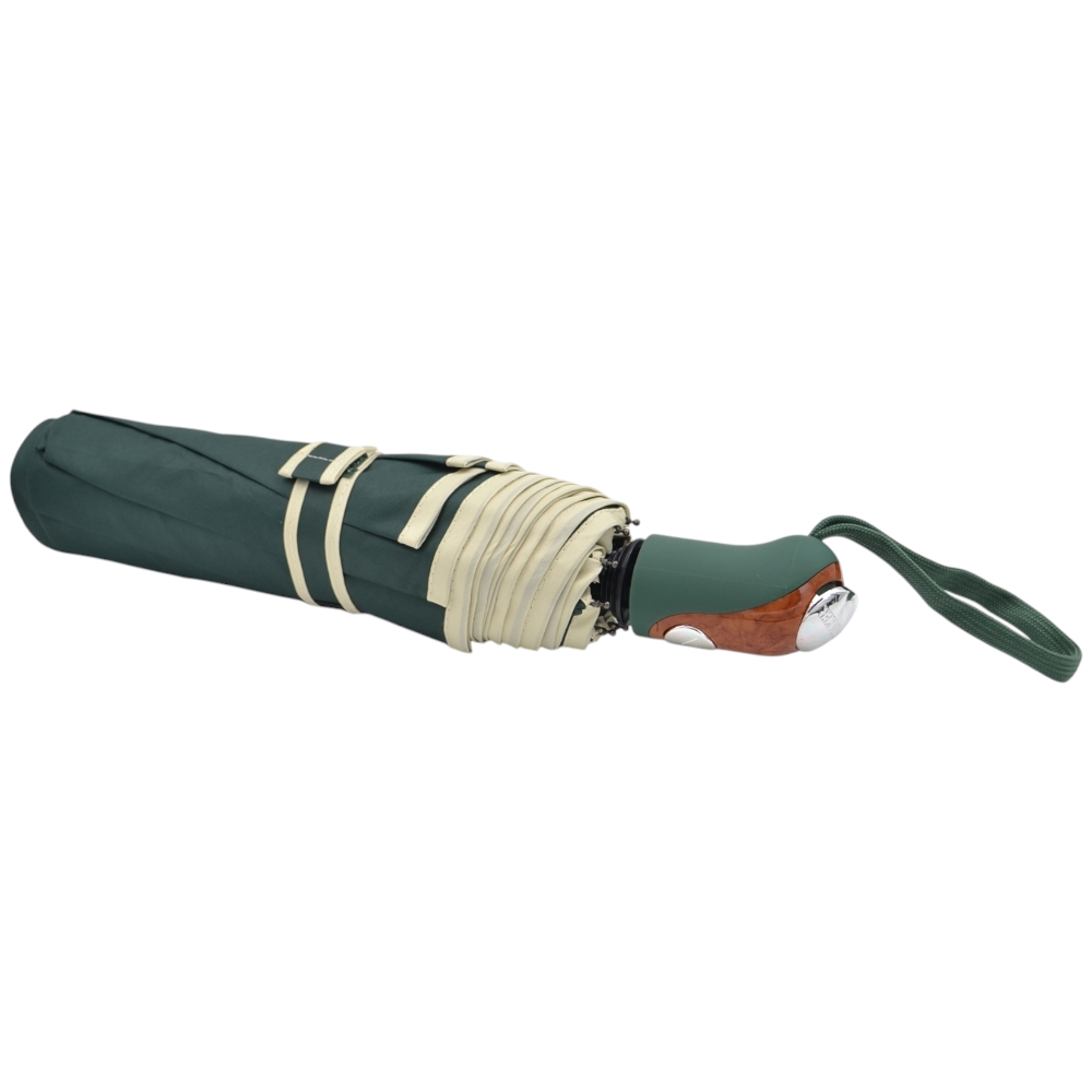 Ombrello pieghevole verde da borsa piccolo con apertura automatica antivento con sacchetto impermeabile.