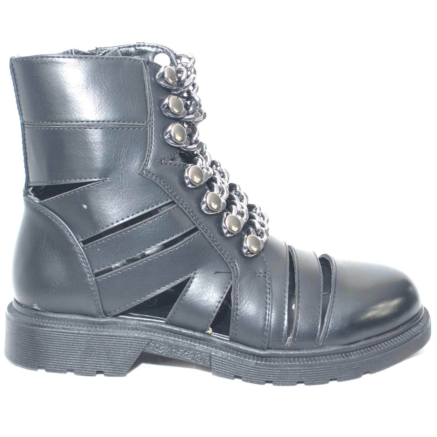 STIVALETTO ANFIBIO ALTEZZA BIKER CON CATENA FONDO ESTIVO FORATO ZIP LATERALE TRENDY