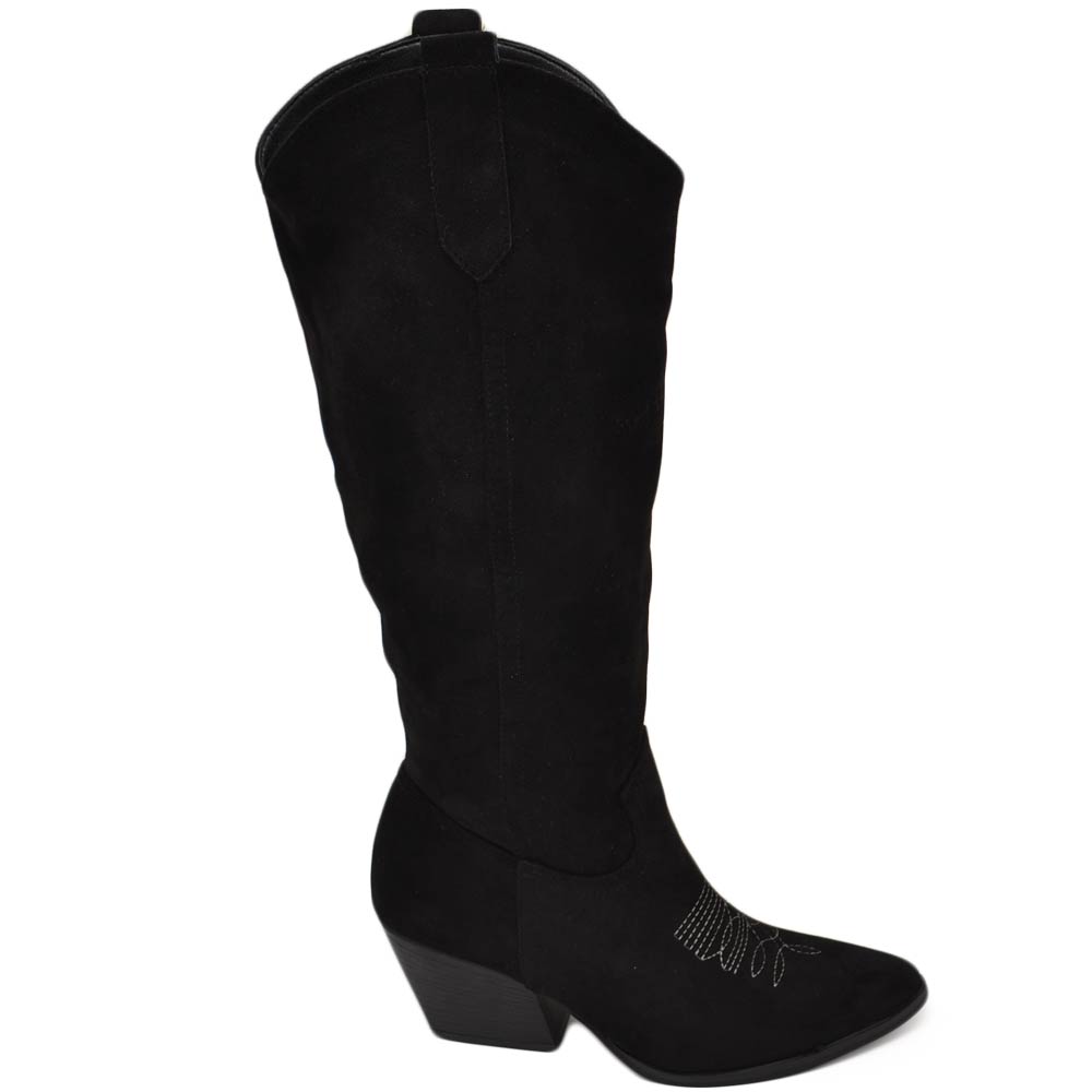 Stivali texani camperos donna lisci in camoscio nero al ginocchio con tacco legno 7 cm western moda zip 