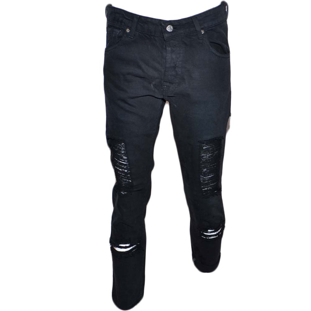 Pantaloni Jeans nero denim biker. Skinny fit.Chiusura con bottoni.Cinque tasche.strappato sulle lunghezze moda