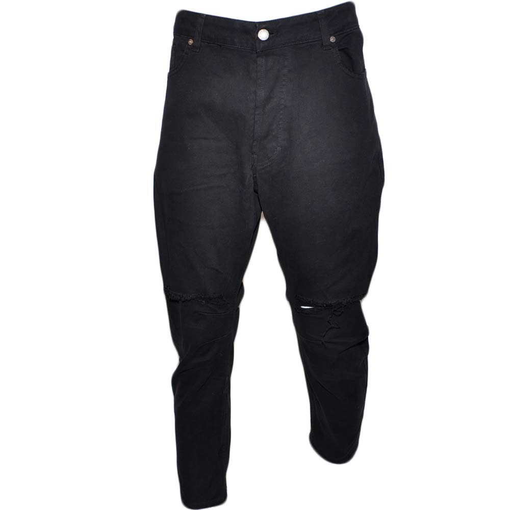 Pantaloni Jeans nero denim biker. Skinny fit.Chiusura con bottoni. strappo moda modello capri