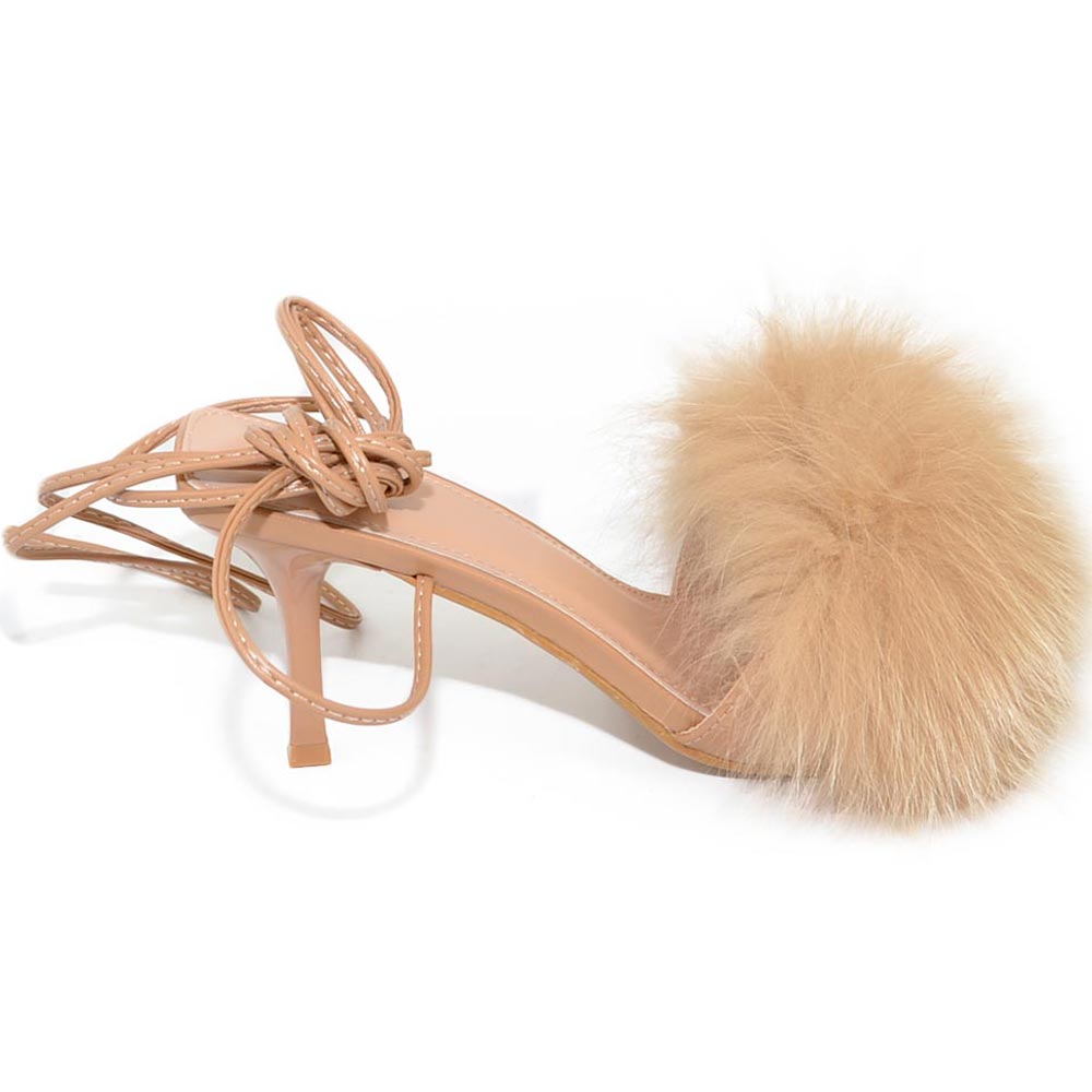 Scarpe donna sandalo beige nude mules pelliccia con tacco martini 9 cm lacci alla schiava moda tendenza con pelo