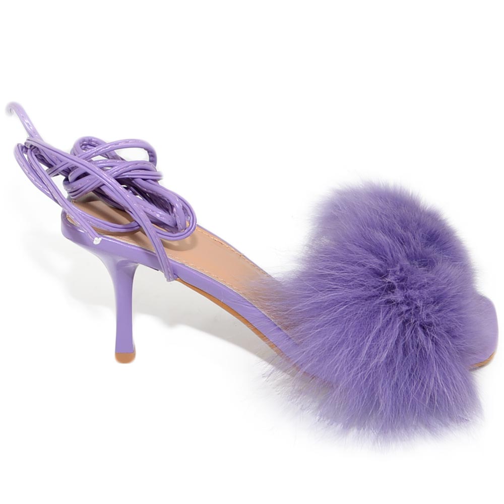 Scarpe donna sandalo viola lilla glicin mules pelliccia con tacco martini 9 cm lacci alla schiava moda tendenza con pelo