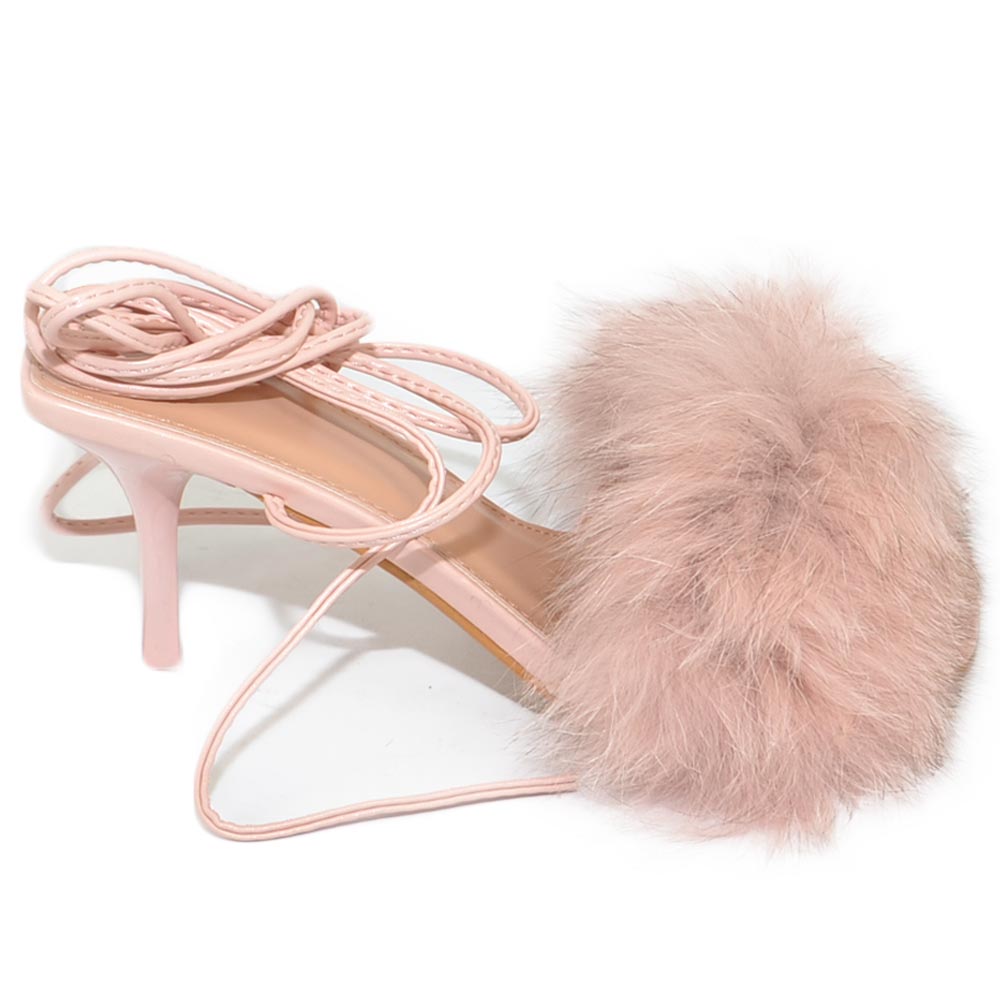 Scarpe donna sandalo rosa cipria mules pelliccia con tacco martini 9 cm lacci alla schiava moda tendenza con pelo
