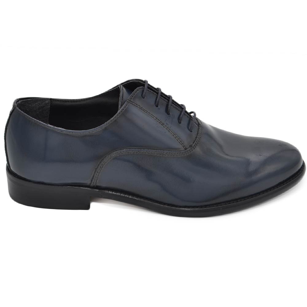 Scarpe uomo francesina blu pelle lucida fondo cuoio antiscivolo blu stringhe genuine leather classico cerimonia.