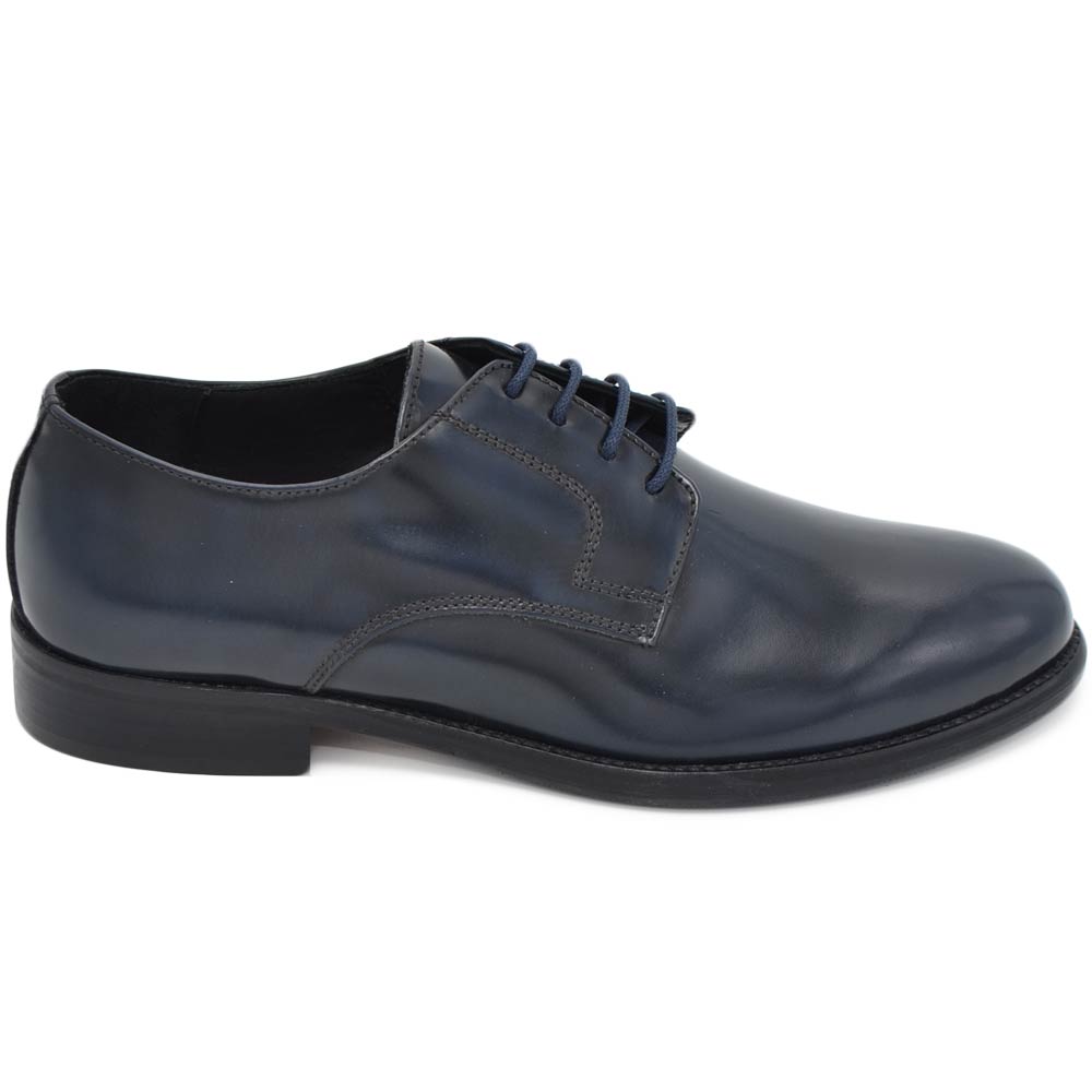 Scarpe uomo ballo cerimonia liscio classico fondo cuoio pellame abrasivato blu vera pelle made in italy comfort.