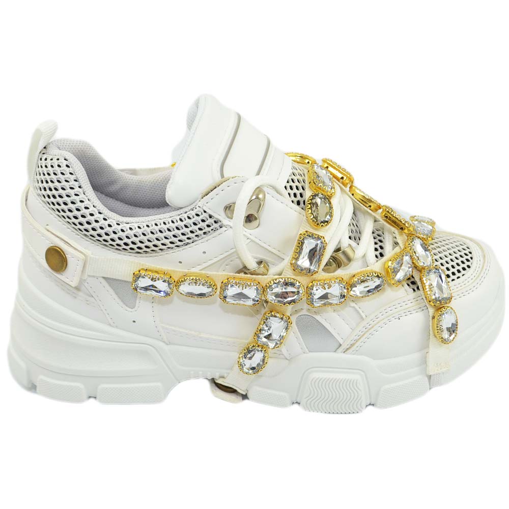 Sneakers donna bassa bianco glamour con fondo altro disruptor e applicazione gioello con catena e swarovsky rimovibili 
