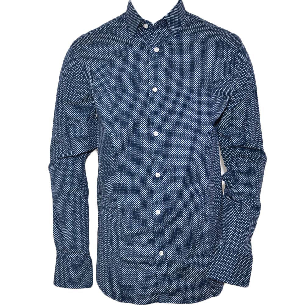 Camicia uomo cotone blu collo rigido manica lunga motivo astratto blu notte chiusura bottoni moda 