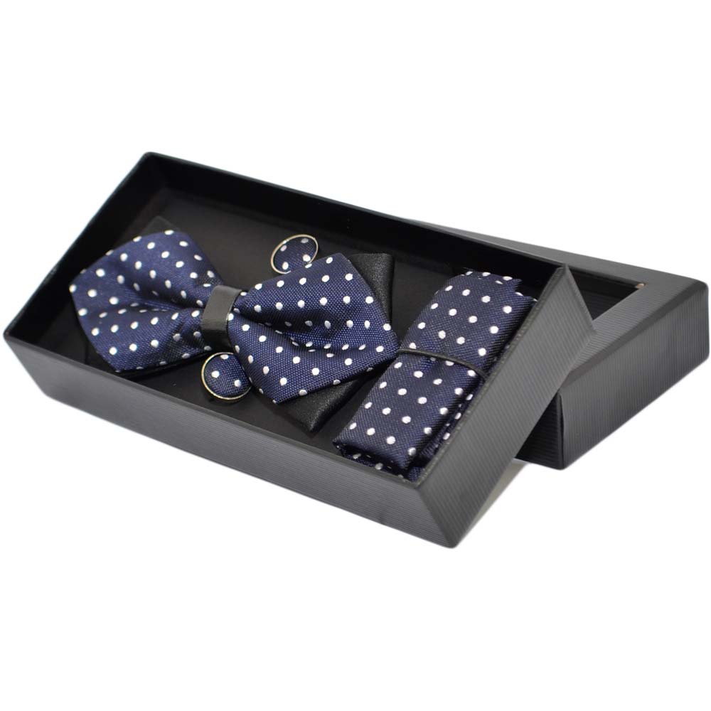SET PAPILLON UOMO IN COTONE BLU A POIS CON BOTTONI GEMELLI E POCHETTE DA TASCHINO