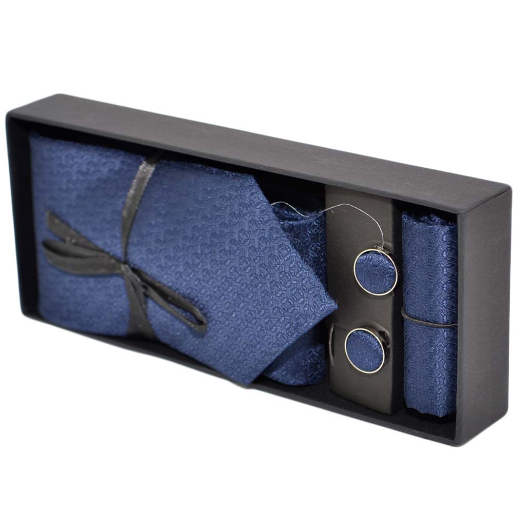 Set cravatta pochette e gemelli in cotone blu con dettagli su tono su tono confezione regalo per professionisti.