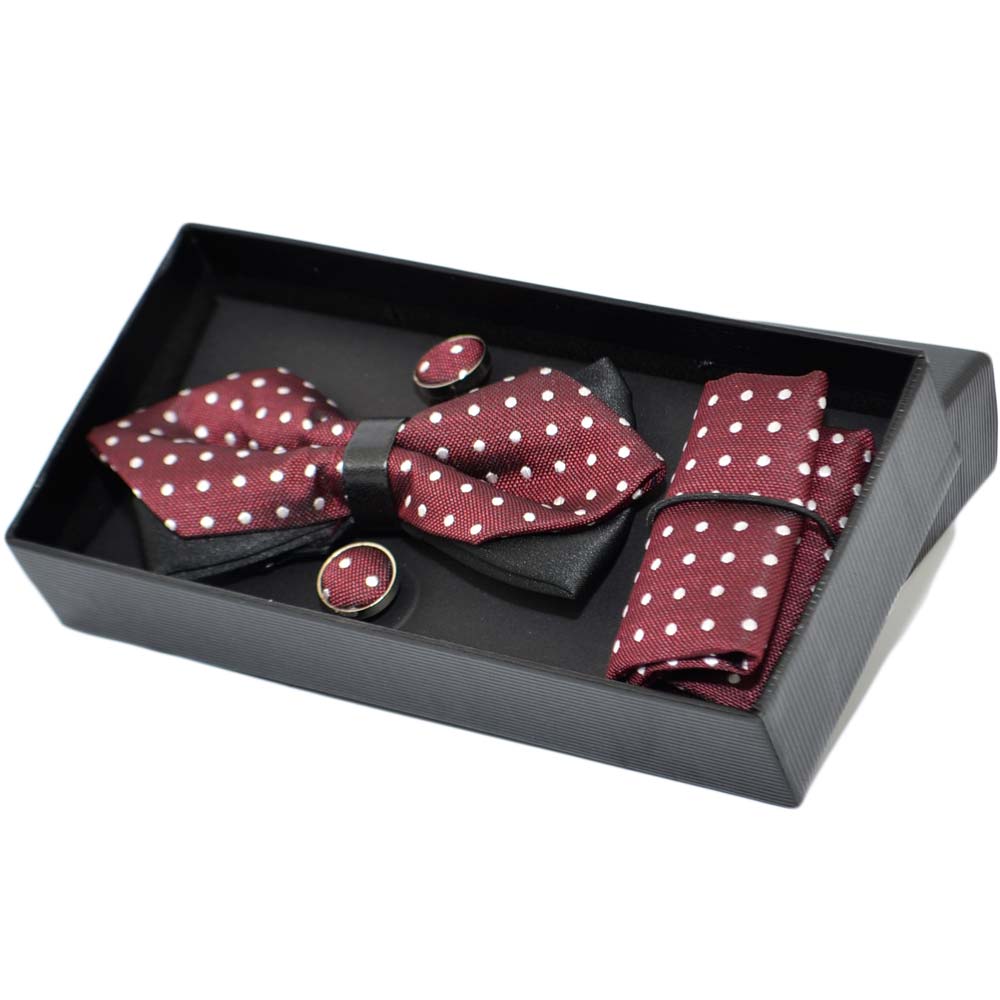 SET PAPILLON UOMO IN COTONE BORDEAUX A POIS CON BOTTONI GEMELLI E POCHETTE DA TASCHINO