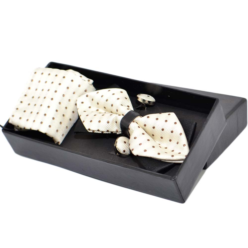 SET PAPILLON UOMO IN COTONE BEIGE A POIS CON BOTTONI GEMELLI E POCHETTE DA TASCHINO