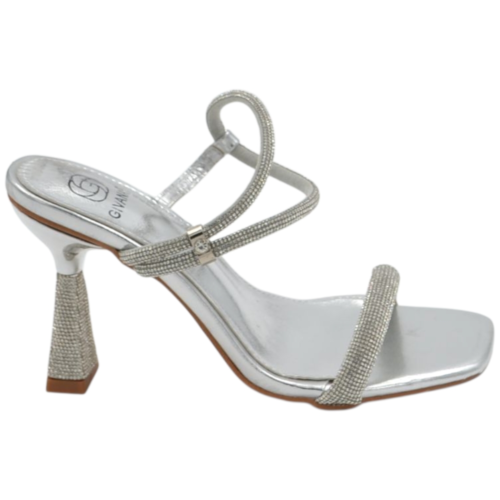 Sandali argento donna con tacco a rocchetto 9 cm punta squadrata e fascette con brillanti chiusura caviglia