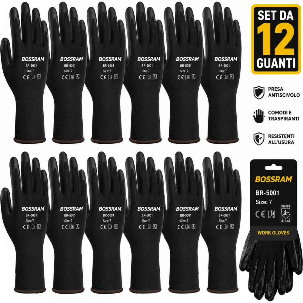 Bossram Set 12 pezzi Guanti Giardinaggio Lavoro Nitrile Presa Antiscivolo Resistenti all'Abrasione, Polsino Elastico.