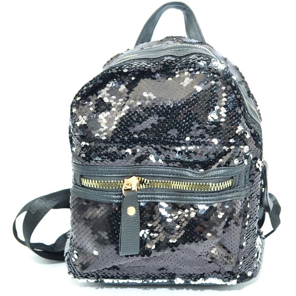Mini zaino da donna versione pochette in paillettes reversibili nero argento con doppia allacciatura e zip interne