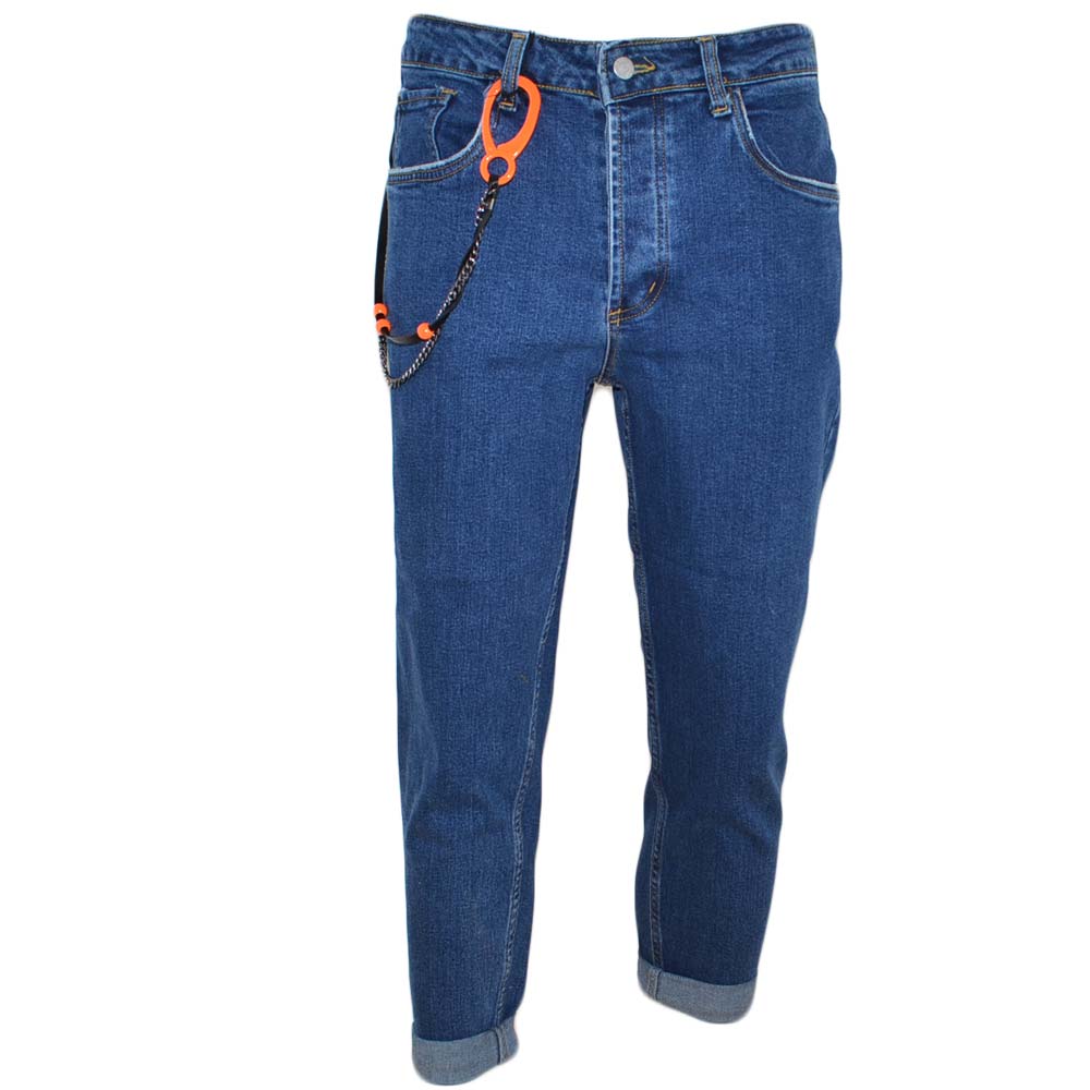 Jeans denim uomo skinny fit con effetto slavato Cinque tasche Chiusura frontale cerniera e bottone con gancio fluo neon 