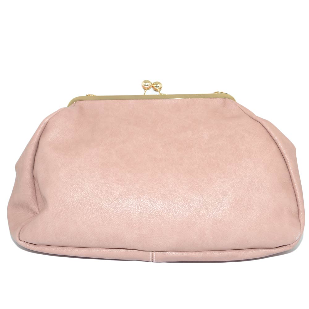 Borsa donna pochette rosa a mano con catena oro e tracolla chiusura clic clac forma borsellino pelle martellata moda