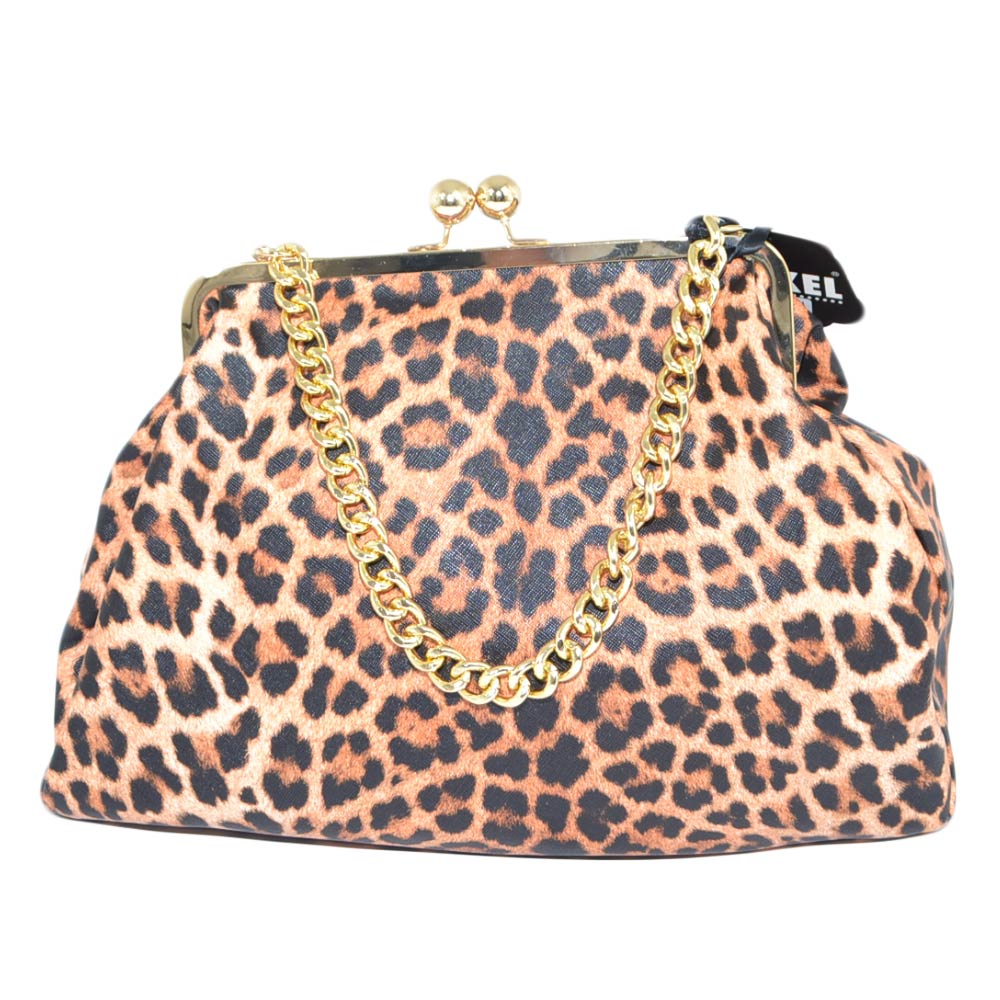 Borsa donna pochette maculata a mano con catena oro e tracolla chiusura clic clac forma borsellino pelle martellata moda