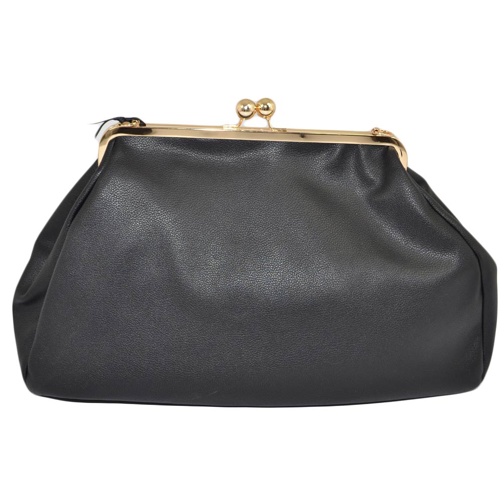 Borsa donna pochette nera a mano con catena oro e tracolla chiusura clic clac forma borsellino pelle martellata moda