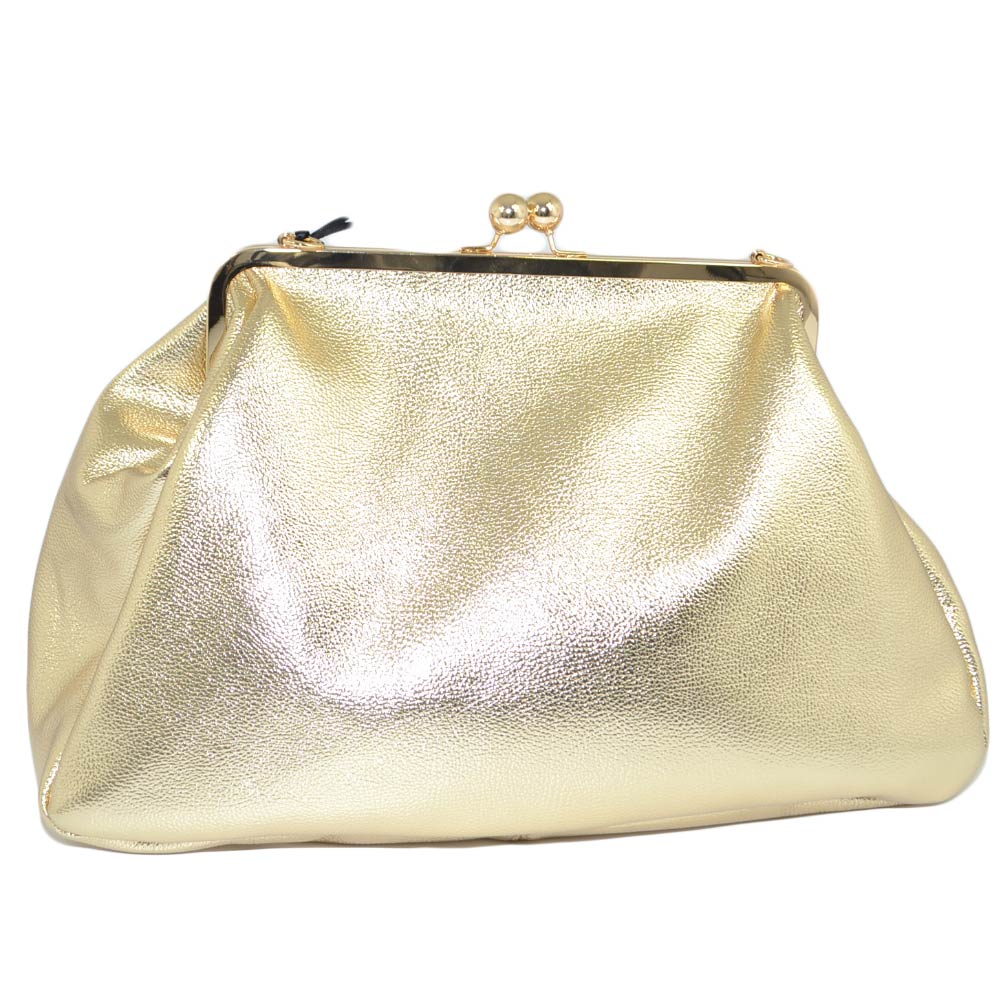 Borsa donna pochette dorata a mano con catena oro e tracolla chiusura clic clac forma borsellino pelle martellata moda