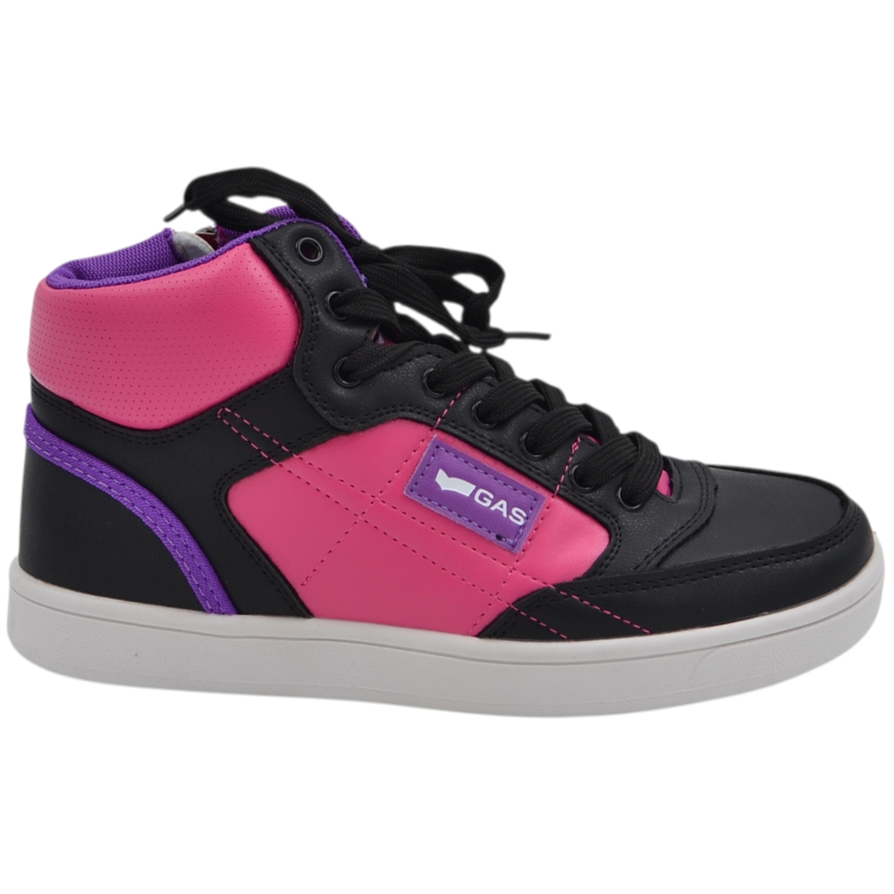 Sneakers alte da bambina GAS nere e fucsia con dettagli viola lacci e cerniera zip laterale.