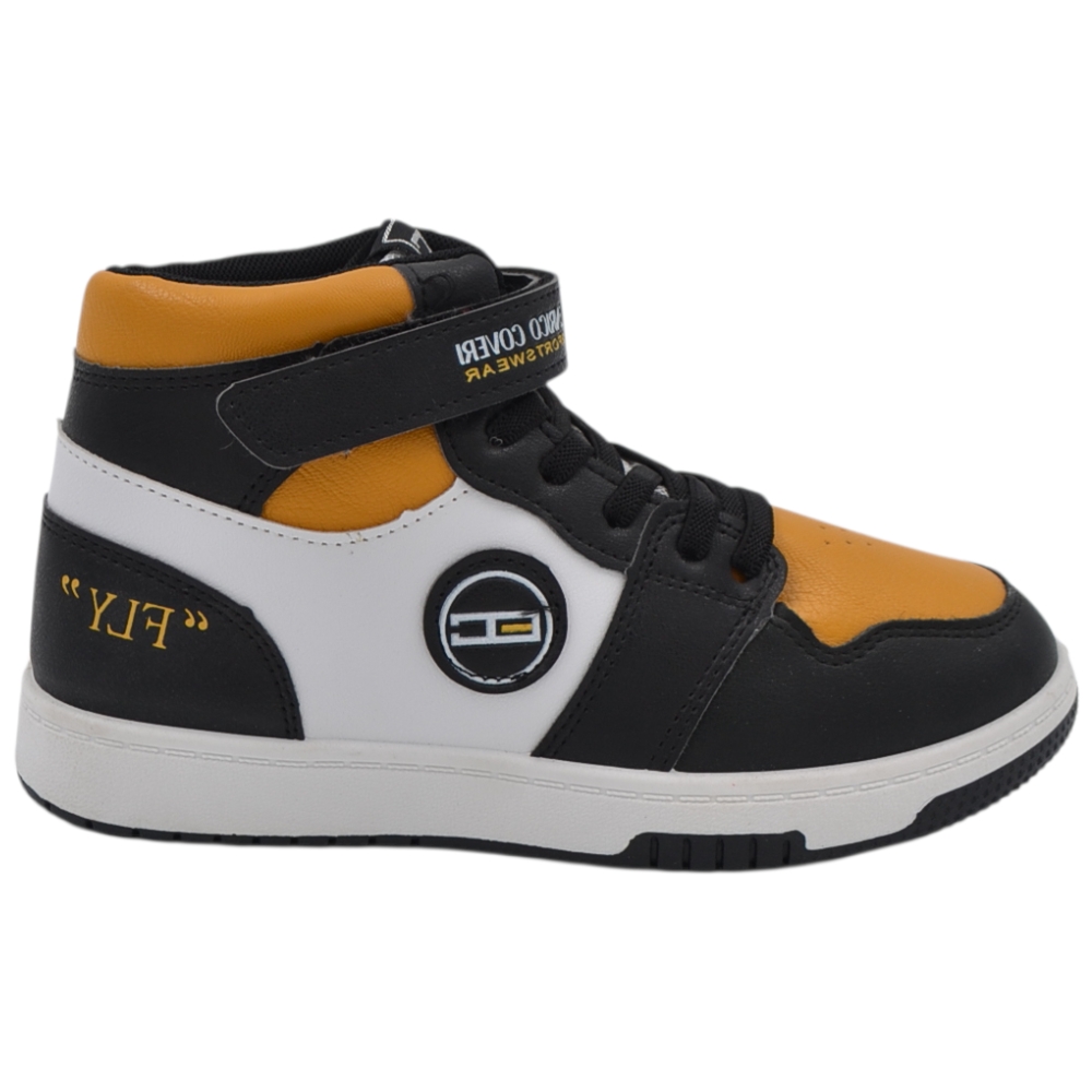 Sneakers alte da bambino Enrico Coveri Sportswear nere bianche e ocra con lacci ed elastico con velcro.
