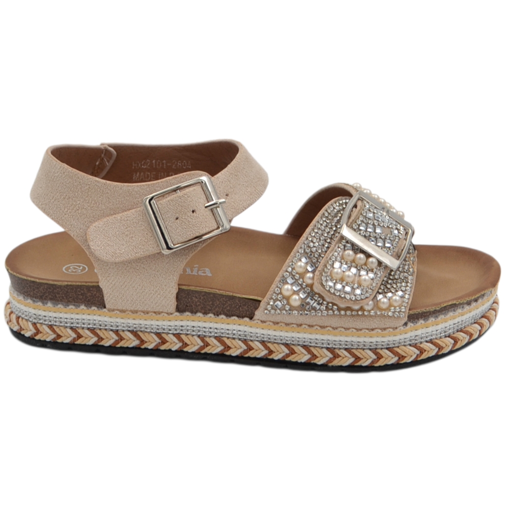 Sandali eleganti da bambina Melania beige con strass perline e zeppa con intreccio stile corda.