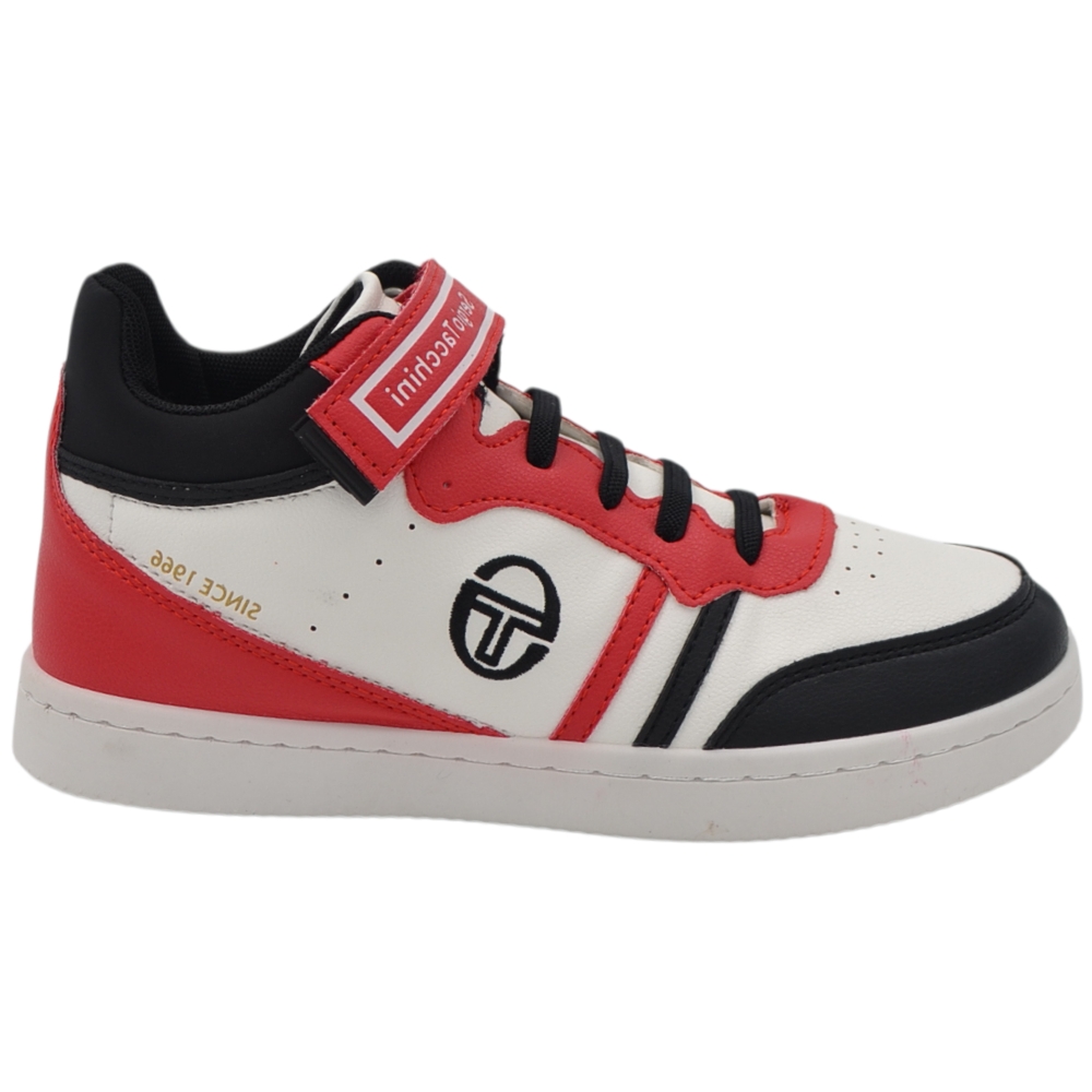 Sneakers alte da bambino Sergio Tacchini bianche rosse e nere con lacci elastici e cinturino a strappo.