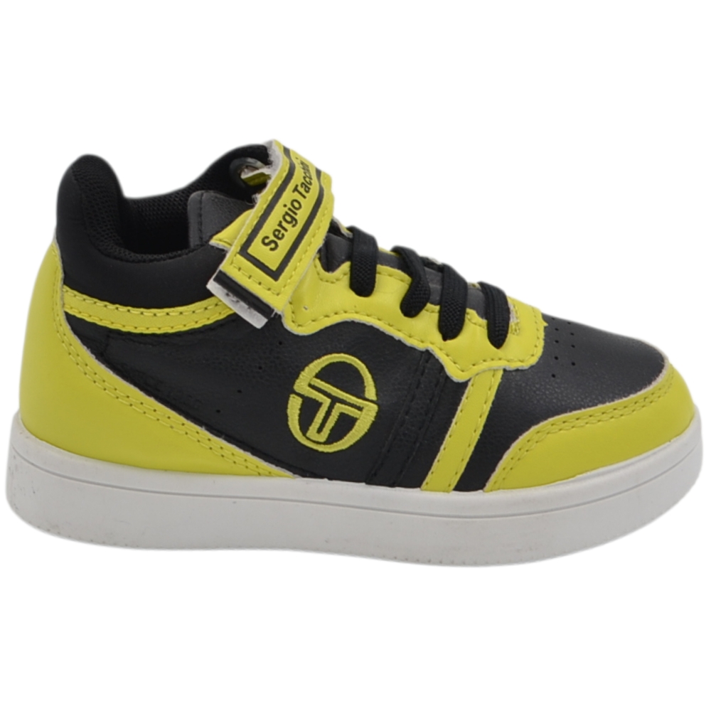 Sneakers alte da bambino Sergio Tacchini nere e giallo fluo con lacci elastici e cinturino a strappo.