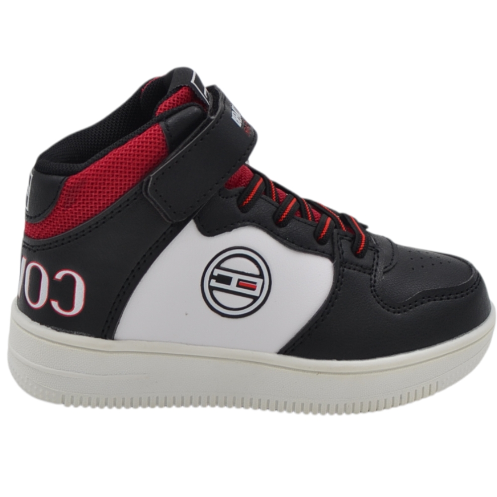 Sneakers alte da bambino Enrico Coveri nere bianche e rosse con lacci elastici e cinturino a strappo.