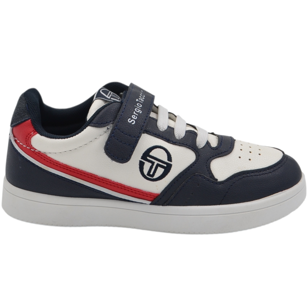 Sneakers basse da bambino Sergio Tacchini bianche blu navy e rosse con lacci elastici e cinturino a strappo.