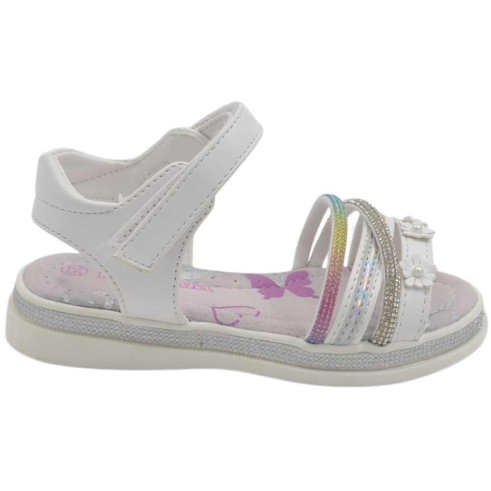 Sandali eleganti da bambina Melania bianchi con listini glitter arcobaleno strass e fiorellini applicati.