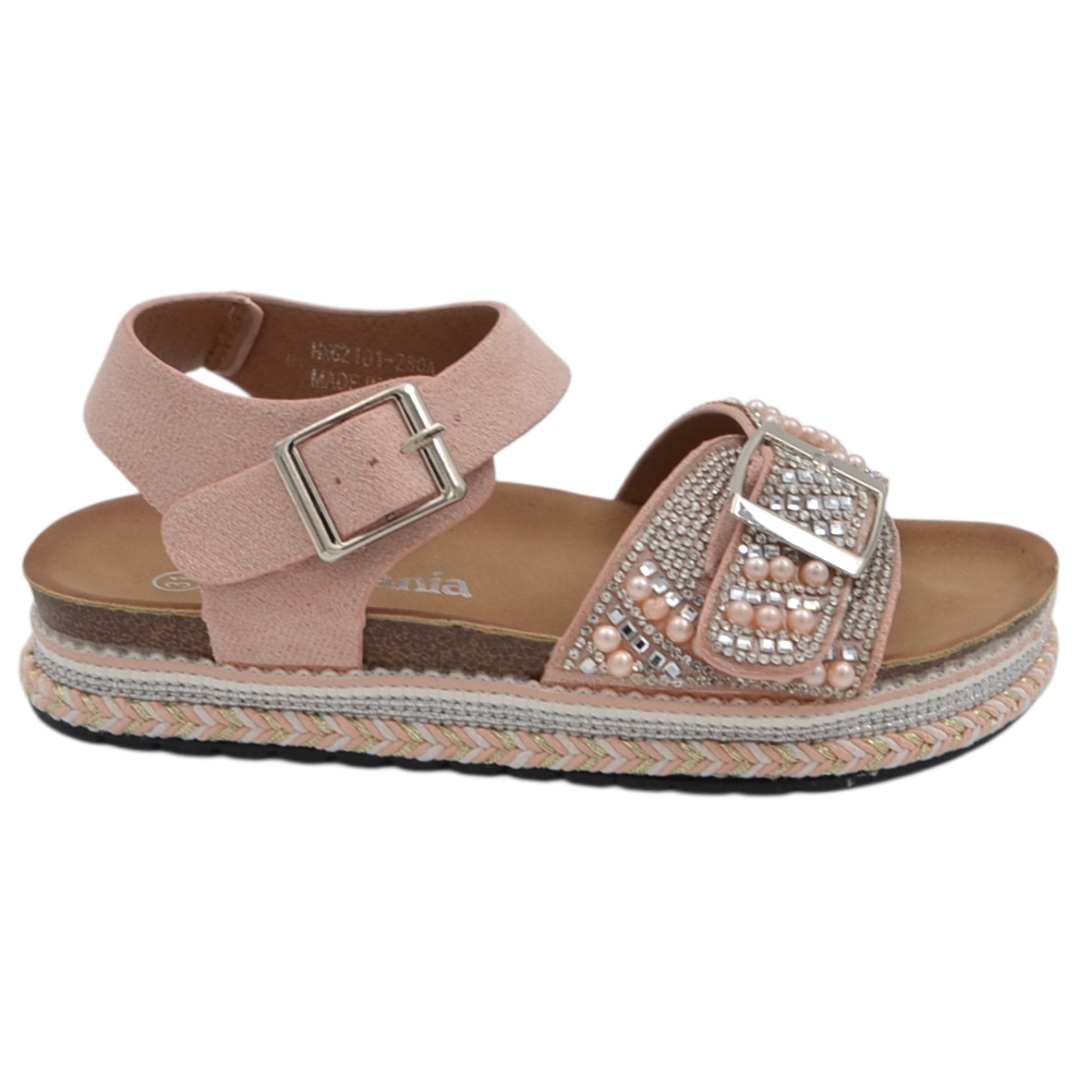 Sandali eleganti da bambina Melania rosa cipria con strass perline e zeppa con intreccio stile corda.
