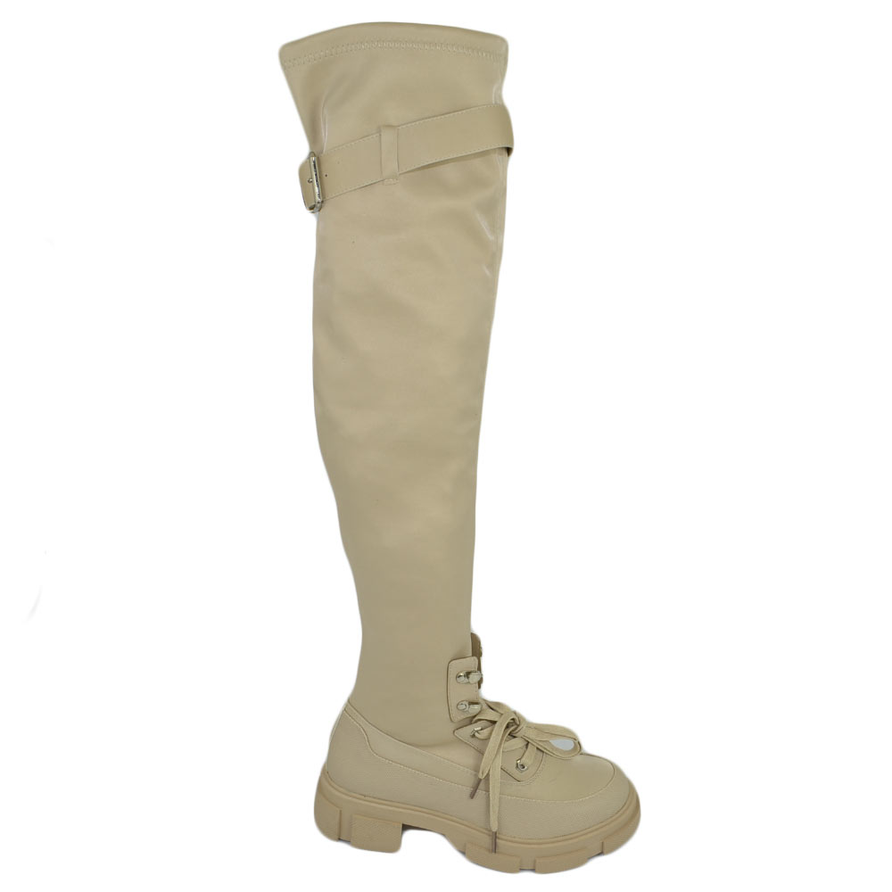 Stivale donna alto panna sopra ginocchio elastico platform calzino suola gomma alta bombata lacci fibbia tendenza moda