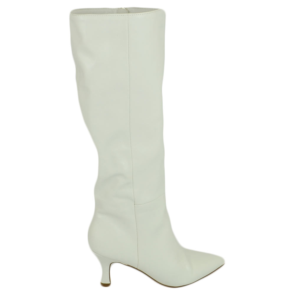 Stivale donna alto a punta rigido bianco ottico tacco spillo basso 5 cm liscio linea basic moda altezza ginocchio zip