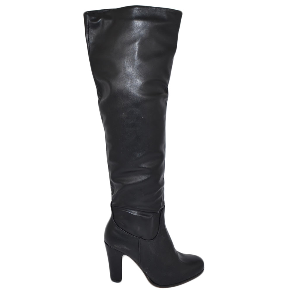 Stivale donna alto nero sopra al ginocchio elastico effetto calzino zip aderente tacco largo comodo punta tonda moda.