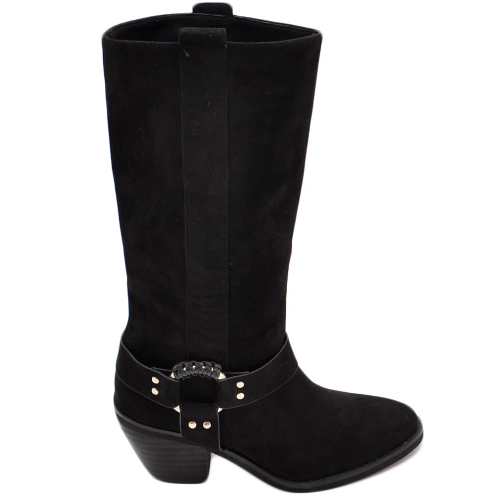 Stivali camperos donna in camoscio nero al polpaccio lisci con fibbia tacco Texano 4 cm con zip western