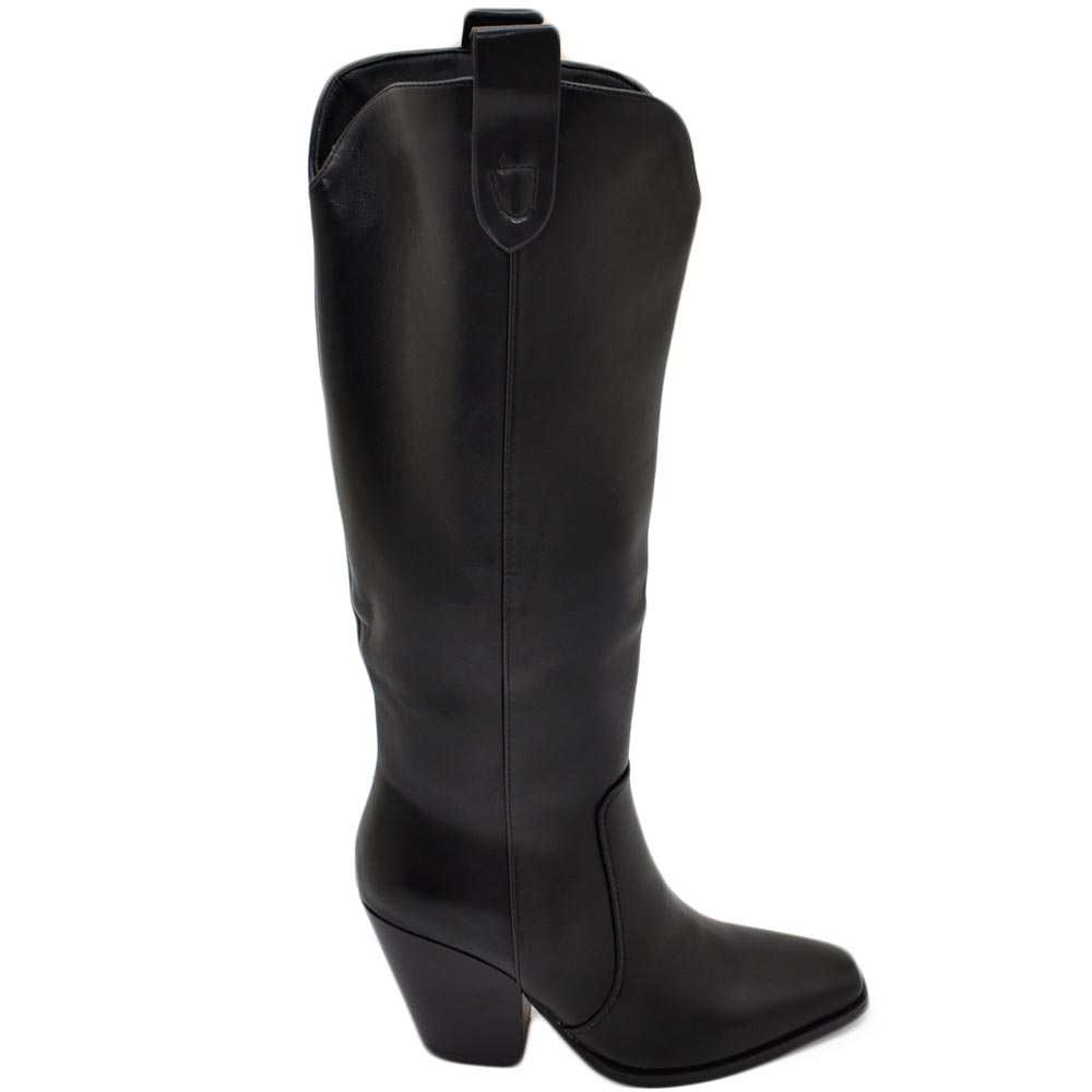 Stivali camperos donna in ecopelle rigida nera altezza ginocchio lisci con tacco Texano legno 7 cm western moda zip.