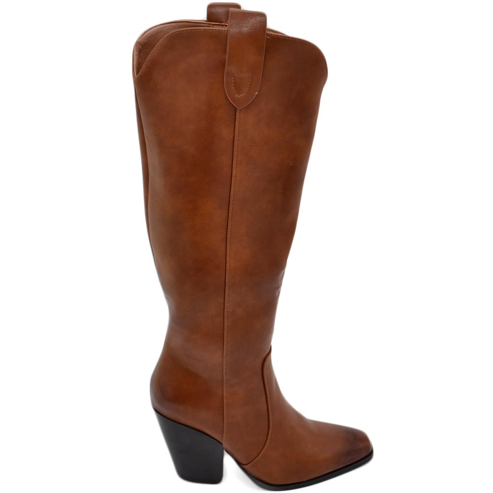 Stivali camperos donna in ecopelle rigida cuoio altezza ginocchio lisci con tacco Texano legno 7 cm western moda zip