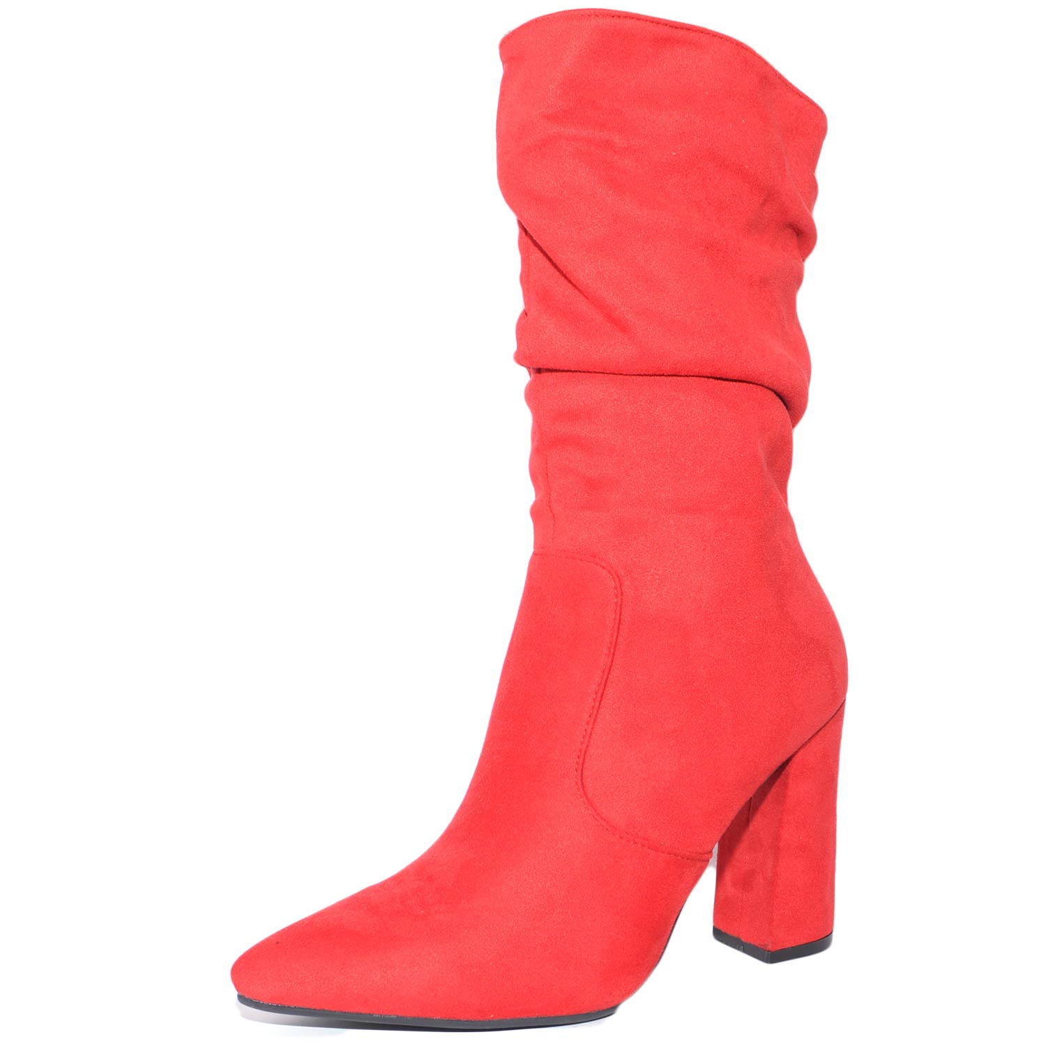 Tronchetto scarpe donna a punta modello linea Basic in scamosciato rosso gambale rouches tendenza moda casual