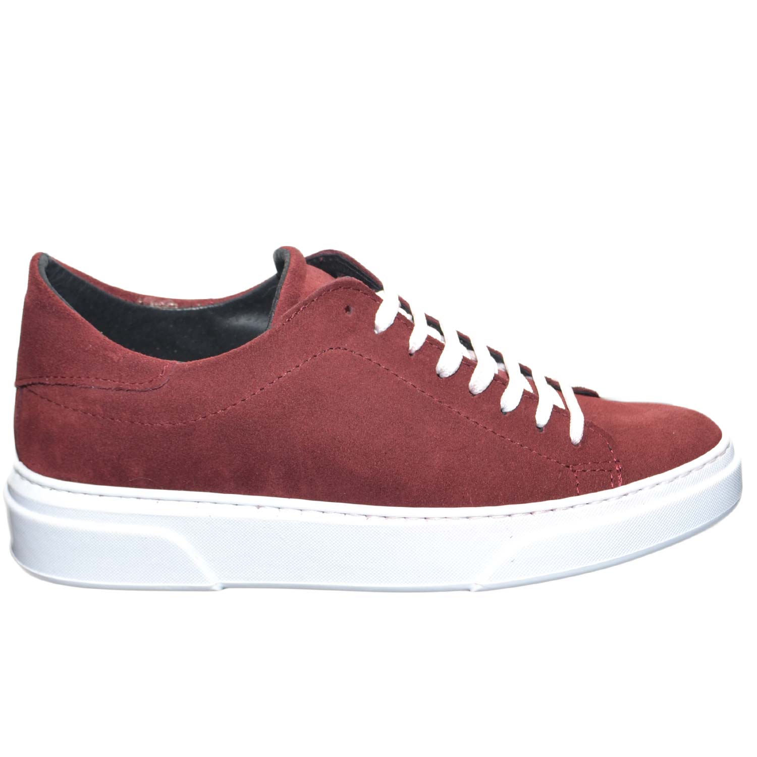 SNEAKERS BASSA UOMO INVERNALE IN VERO CAMOSCIO BORDEAUX FONDO CRUELTY BIANCO LINEA BASIC MADE IN ITALY HANDMADE MODA.