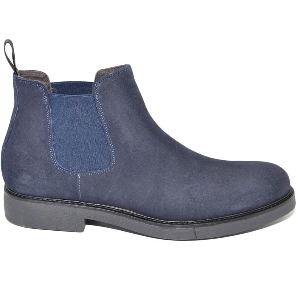 Beatles uomo stivaletto con elastico in vera pelle scamosciata blu collo basso fondo roccia made in italy handmade