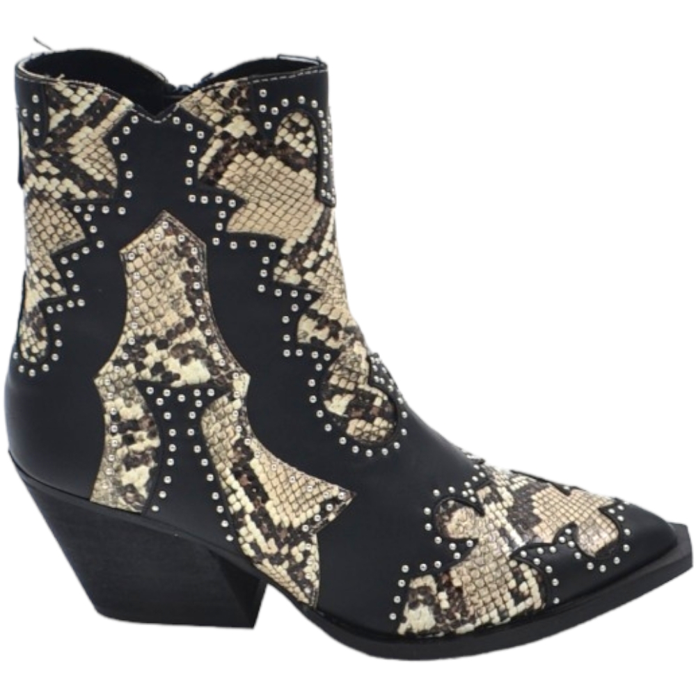 Tronchetto donna camperos con tacco in legno cono 4cm a punta in pelle animalier zip laterale attillato sopra caviglia.