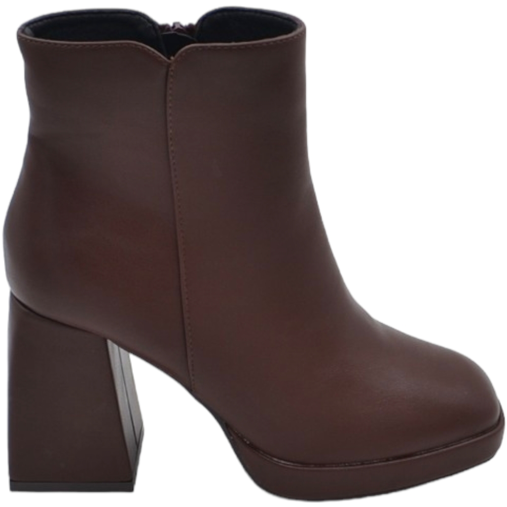 Tronchetto donna stivaletto marrone punta quadrata tacco doppio 8 cm plateau zeppa 2 cm zip alla caviglia moda casual 