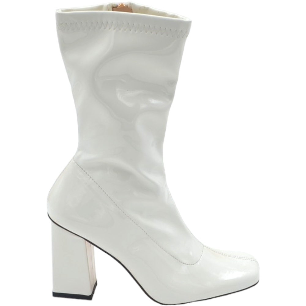 Tronchetti alti donna bianco lucido a punta quadrata tacco comodo doppio 6cm effetto calzino zip moda 