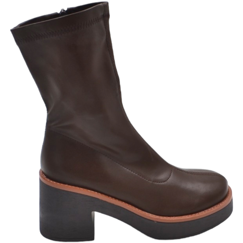 Tronchetti platdorm donna marrone opaco a punta tonda tacco comodo doppio 5cm con plateau effetto calzino zip moda 